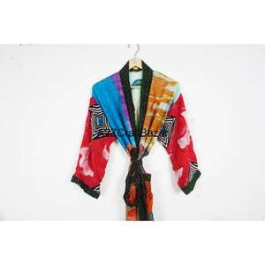 Vintage Bohemian Floral Silk Kimono Women Summer <b>Hippie</b> Style V Neck Drawstring Full Length Sleepwear Nightgown Bathrobe - Product Image 6