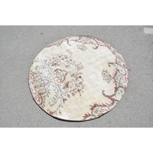 Vintage Turkish Rug Beige Red 3.9 X 3.9ft Large Area Woolen Patchwork Design for Hallway Bedroom Rectangular Shape Latex Backing - Product Image 2