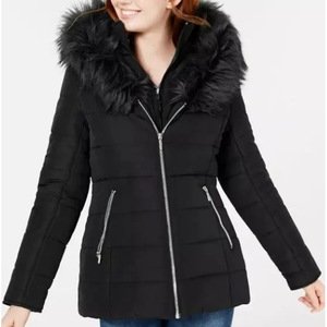 Maralyn & Me Cappotto Imbottito da Donna con Cappuccio e Bordo in Pelliccia Sintetica Antivento Nero Taglia Piccola per l'Inverno - Product Image 1