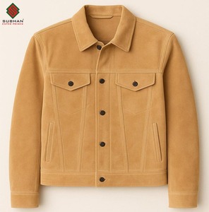 Blouson aviateur en daim brun fait main, veste en cuir décontractée d'hiver avec fermeture éclair, motif uni, col mandarin, service OEM - Product Image 1