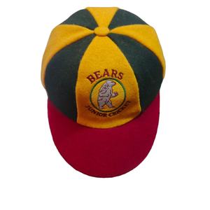 C'est une casquette de cricket de style baggy pour junior, avec des panneaux jaunes, vert foncé et rouges, et un logo brodé. - Product Image 1