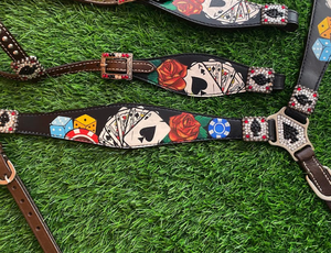 Cartes peintes à la main Fleurs et dés Bride de tête de cheval en cuir véritable avec rênes Cheval Polo Western Design Headstall - Product Image 4