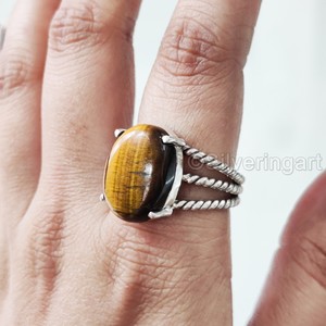 Bague pour femme en argent sterling 925 avec pierre naturelle œil de tigre, 3 bandes torsadées style bohème, bijou fait main, cadeau de Noël oriental - Product Image 1