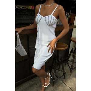 Vestido Mini Belina Hecho a Mano con Adornos de Piedras 2804 con Cintura Natural - Product Image 4