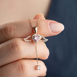 NOVAMART Fine Hallmark Romantic Winged Heart Necklace <b>Silver</b> Rose Gold Plated in Zinc Alloy Featuring Pink Pearl <b>Box</b> <b>Chain</b> Trend - Product Image 1