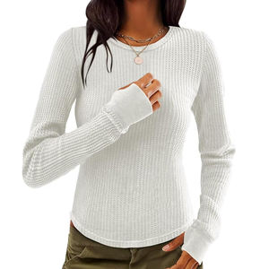 T-shirt respirant en tricot gaufré pour femmes en mélange de coton doux coupe décontractée décontracté col rond haut léger pour tous les jours confortable - Product Image 6