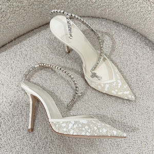 Zapatos de Tacón Alto Blancos de Malla con Cadena de Perlas para Novia, Sandalias de Tacón y Zapatos de Novia para Mujer, Stiletto - Product Image 4