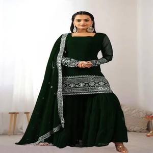 Conjunto Kurti Palazzo de Georgette Sintética Pesada VASTRA COTTAGE para Mujer, Bordado con Lentejuelas, Diseño Étnico - Product Image 2