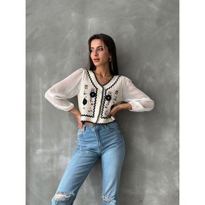 Cárdigan Corto Abotonado para Mujer TOPSHOW, Tela de Guipur con Bordado de Encaje, Mezcla de Algodón y Poliéster, Azul Piedra, Modelo F0022 - Product Image 2