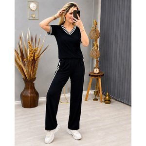 Conjunto de Dos Piezas para Mujer, Blusa de Manga Corta con Cuello en V de Viscosa de Dos Hilos y Pantalones, 35468 - Negro - Product Image 2