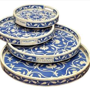 MIND TRAY Bandeja de servicio hecha a mano Incrustaciones de hueso de lujo Ramadán Desayuno Comida Fruta Café Té Bandeja decorativa a bajo - Product Image 3