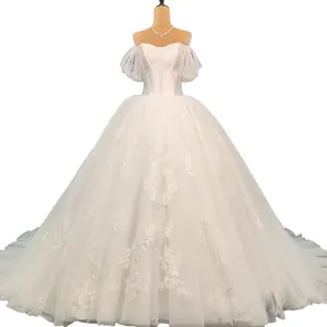 2023奢华公主蕾丝晚礼服单肩婚纱性感婚纱白色贴花