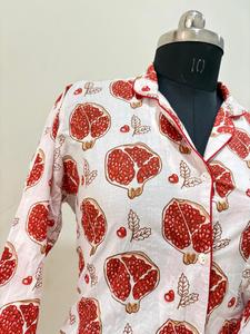Womens White Cotton Shirt with <b>Red</b> Pomegranate Print Long Sleeve Button Down <b>Top</b> - Product Image 3