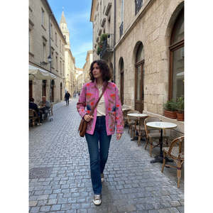 Orchid Pink Anaar Bloom Varsity Style Suzani Hand-Embroidered Velvet <b>Jacket</b> for Spring for Rust Sage & Indigo Florals Outerwear - Product Image 6