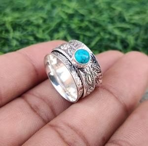 Anillo clásico de plata maciza 925, joyería para mujer, Plata de Ley 925, piedra preciosa turquesa, estilo bohemio, anillo hecho a mano, regalo para mamá - Product Image 5