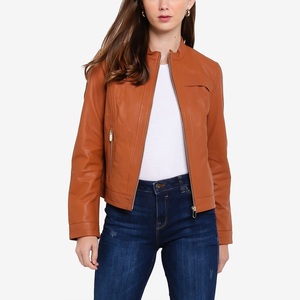 Chaqueta de Cuero Genuino para Mujer, Estilo Clásico con Cuello Alto, Aspecto Vintage Desgastado, Chaqueta de Cuero Acolchada - Product Image 1
