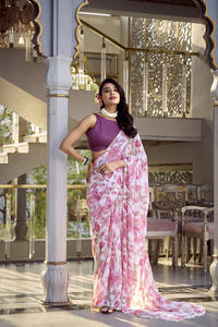 Saree élégant à imprimé floral en tissu de marbre en apesanteur avec dentelle perlée et chemisier en soie unie Moonga pour commandes en gros B2B - Product Image 4