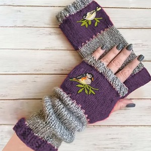 Warm Knitted Patchwork <b>Gloves</b> for Women Bird Embroidery Half <b>Finger</b> for Screen Winter Outdoor Breathable Mittens - Product Image 2