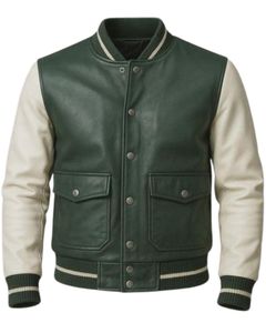 Veste universitaire pour homme, corps en cuir vert foncé, manches en cuir, col côtelé, boutons pression, veste bomber universitaire - Product Image 1