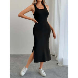 Women's Strappy Round Neck <b>Viscose</b> <b>Dress</b> with Side Slit and Lace Detail at the Back, 35572 - Black - Product Image 2