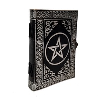 Diario de cuero genuino envejecido con aspecto vintage, diario de Pentáculo en relieve con estrella, diario de bocetos, negro con libro de hechizos plateado