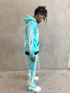 Custom Printed Acid Wash Winter Elastic Bottom Unisex Tracksuits <b>Applique</b> Embroidery Vintage Sun Faded Raw Hem Flared Hoodie Set - Product Image 6