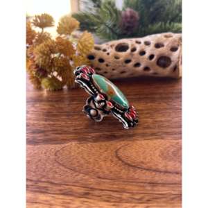 King Manassa Turquoise & Mediterranean Coral <b>Sterling</b> <b>Silver</b> <b>Ring</b> Size 6.75 Boho Bezel <b>Set</b> - Product Image 3