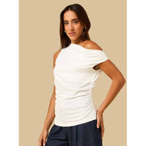 Women'<b>s</b> Loose Shoulder Sleeveless Satin Top Side Drape Elegant Draped <b>Blouse</b> Party Evening Wear OEM Polyester/Cotton Asymmetric - Product Image 1