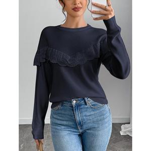 Pull en tricot floral pour femme avec col rond en dentelle à volants, manches longues, décontracté, anti-boulochage - Product Image 5