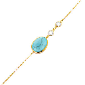 Turquoise 22K Gold Bezel Oval with CZ Stone Charm <b>Bracelet</b> Handcrafted 925 Sterling Silver for Woman Jewelry - Product Image 3