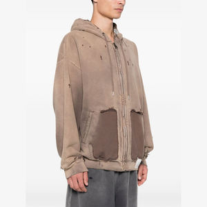 Vente en gros Sweat à capuche zippé pour hommes surdimensionné Vintage Wash Streetwear avec bords et poches effilochés - Product Image 2