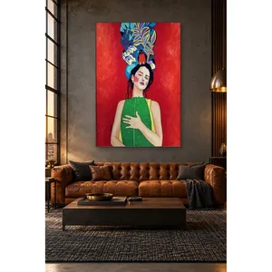 Fida, femme avec un coiffe de paon sur fond rouge, impression sur toile - Product Image 3