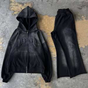 Sweat-shirts à capuche zippés pour hommes, personnalisés, en maille tricotée doublée, 500 g/m², délavés à l'acide, imprimés, lourds, effet vieilli, streetwear, logo, anti-rétrécissement - Product Image 5