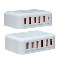 Chargeur GaN 30W à 6 ports, station de charge de bureau multi-USB avec câble d'alimentation de 1,5 m, chargeur rapide pour téléphone portable et petits appareils