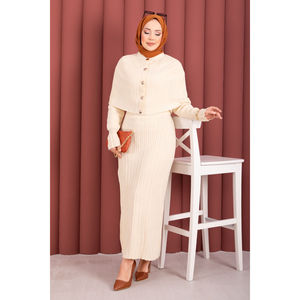 Autumn Casual Cape <b>Knit</b> Dress <b>Set</b> with Button Detail for Cream Print Style - Product Image 3