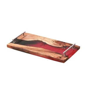 Plateau de service rectangulaire en résine époxy noire et bois avec poignée en métal, produit fait à la main, plateau à Dessert décoratif pour fruits - Product Image 4
