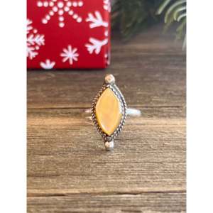 Zuni Handmade Mother of Pearl & Sterling Silver Gemstone <b>Ring</b> Cushion Cut Diamond <b>Gold</b> Plated Bezel Setting Gift for Children - Product Image 3