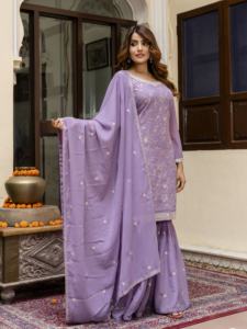 Ensemble Salwar Sharara en soie brodée pour femmes Trendmalls avec dupatta (G313-Violet clair) pour mariage - Product Image 3