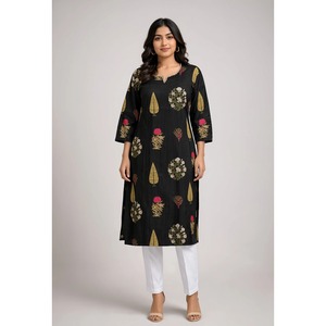 Robe d'été décontractée pour femme, en coton noir à imprimé floral, lavable, respirante, style ethnique, col bateau, manches trois-quarts - Product Image 1