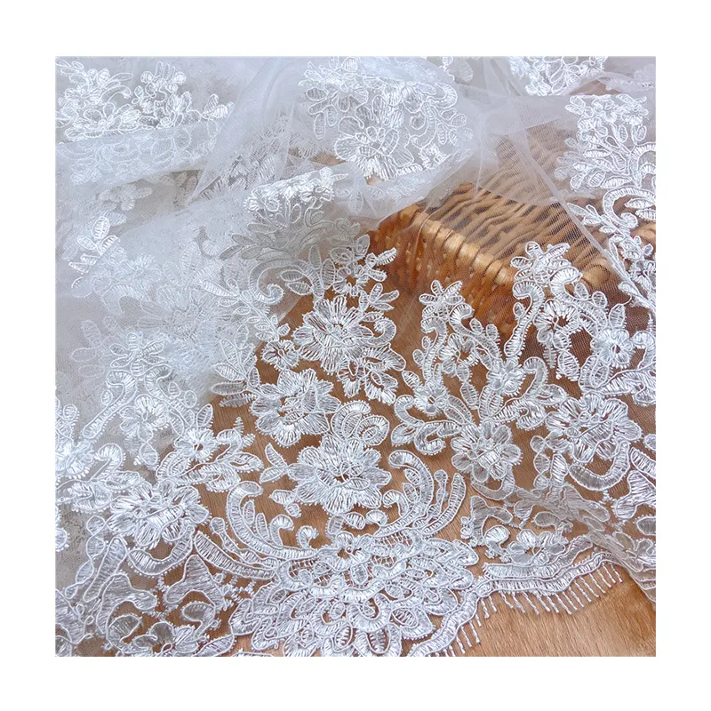 All'ingrosso tulle broccato africano lavorato a maglia tessuto di pizzo bianco bellissimo abito da sposa elegante tessuto di decorazione di pizzo a maglia