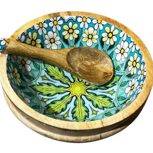 ชามไม้โมเสกลายดอกเดซี่ชามสลัดไม้มะม่วงตกแต่งด้วยมือพร้อมเครื่องใช้ในการรับประทานอาหารไม้ - Product Image 4