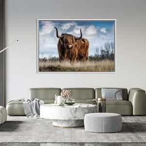 Elegant Highland Cow <b>Canvas</b> Print: Scottish <b>Animal</b> Artwork,WHITE FRAMED <b>CANVAS</b> - Product Image 1