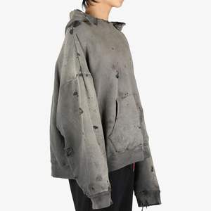 OEM Vintage personalizado en blanco desgastado ácido lavado 500 GSM algodón Zip up Sun Faded Ripped Hoodie hombres - Product Image 2