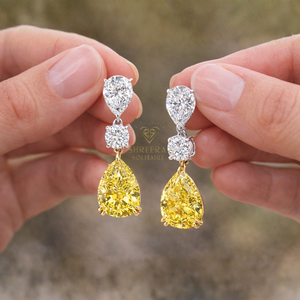 Boucles d'oreilles pendantes solitaires en diamant poire pour femme, or massif 14 carats, diamants de laboratoire jaunes et blancs vifs fantaisie, certifiées IGI - Product Image 3