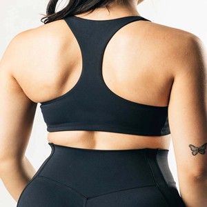 Soutien-gorge de sport une pièce noir, 78% Nylon, 22% élasthanne, col montant, dos nageur, ourlet sans attache, soutien-gorge moyen pour femmes - Product Image 5