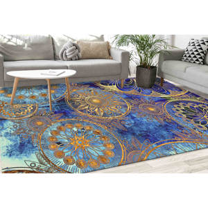 Blue and Gold <b>Mandala</b> <b>Rug</b>: Modern Colorful Accent <b>Rug</b>,Chenille <b>Rug</b> - Product Image 1