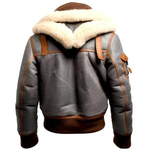 Custom Mens Shearling Leather Jackets Flight Bomber Sheepskin with Sherpa <b>Fur</b> OEM Casual Jacket For Men - Product Image 5