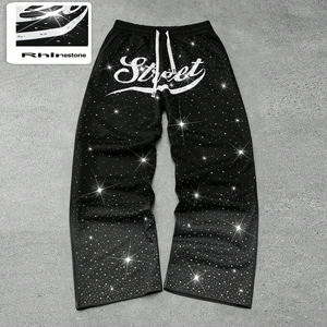 Vintage Acid Washed Loose Fit Jogger Sweatpants Men Custom Screen Print Cotton French Terry Rhinestone Baggy Straight Sweatpants - Product Image 1