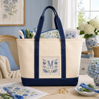 Stok Monogram İğne Oyası Proje Çantası Ağır 20oz Kanvas Tekne Çantası, Nakış El Sanatları Depolaması için Ön Cepli Yapışkanlı Cebiyle