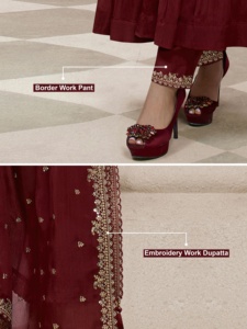 Ensemble Kurta Anarkali en soie mélangée brodée pour femmes Trendmalls avec pantalon et dupatta (G335-Maroon) Salwar ethnique pour mariage Coupe régulière - Product Image 6